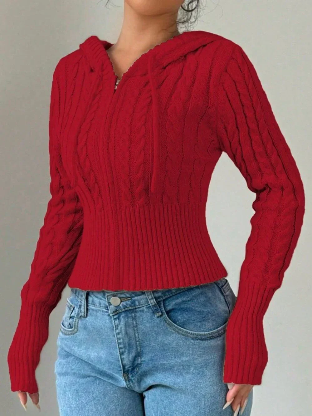 Red Casual Women's zip up Hooded sweater Cardigan